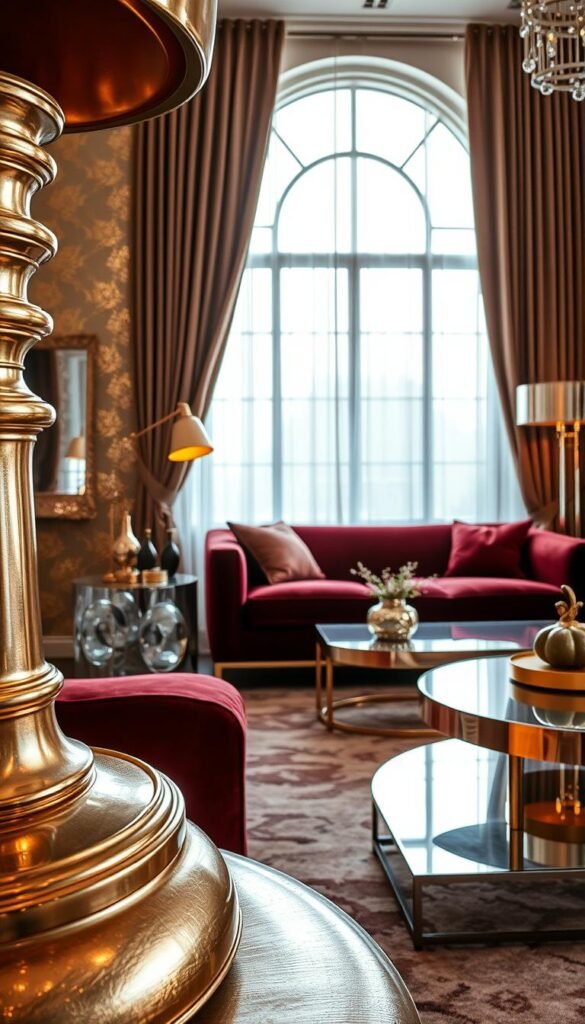 A luxurious and opulent metallic living room interior. The foreground showcases various metallic textures and finishes, including polished brass accents, shimmering gold foil wallpaper, and a burnished steel coffee table. The middle ground features a plush velvet sofa in a rich burgundy hue, complemented by a mirrored side table and a gleaming chrome floor lamp. In the background, a large window lets in natural light, creating a warm and inviting atmosphere. The lighting is soft and diffused, casting a gentle glow on the metallic elements and enhancing their luxurious appearance. The overall mood is one of refined elegance and modern sophistication.