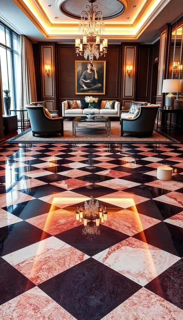 A luxurious and visually striking statement floor design, featuring a dramatic checkerboard or mosaic pattern in a harmonious color palette of rich, deep hues. The floor is the focal point of the room, commanding attention with its bold, intricate design and reflecting the warm, indirect lighting that fills the space. The room is adorned with elegant, modern furnishings that complement the luxurious floor, creating a cohesive, sophisticated ambiance. The overall atmosphere is one of refined elegance, where the floor serves as the foundation for a truly luxurious and memorable living experience.