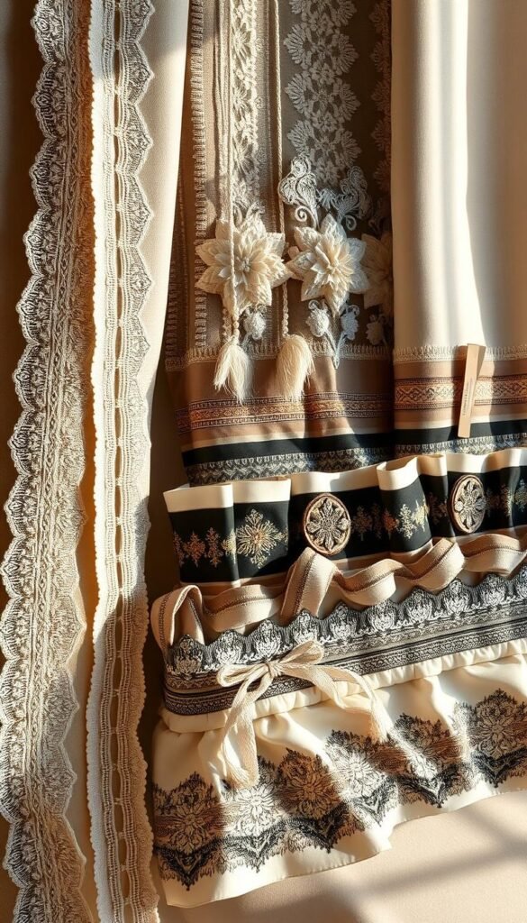 A luxurious arrangement of sumptuous fabric trims and decorative borders in a variety of textures and patterns, artfully displayed against a soft, neutral backdrop. Delicate lace, ornate embroidery, and sumptuous velvet edgings in a harmonious color palette of muted tones and metallic accents. The scene is illuminated by warm, directional lighting, casting subtle shadows and highlighting the intricate details of the fabrics. Capture the essence of elevated, custom window treatments that elevate the elegance of any modern luxury living room. A luxurious arrangement of sumptuous fabric trims and decorative borders in a variety of textures and patterns, artfully displayed against a soft, neutral backdrop. Delicate lace, ornate embroidery, and sumptuous velvet edgings in a harmonious color palette of muted tones and metallic accents. The scene is illuminated by warm, directional lighting, casting subtle shadows and highlighting the intricate details of the fabrics. Capture the essence of elevated, custom window treatments that elevate the elegance of any modern luxury living room.