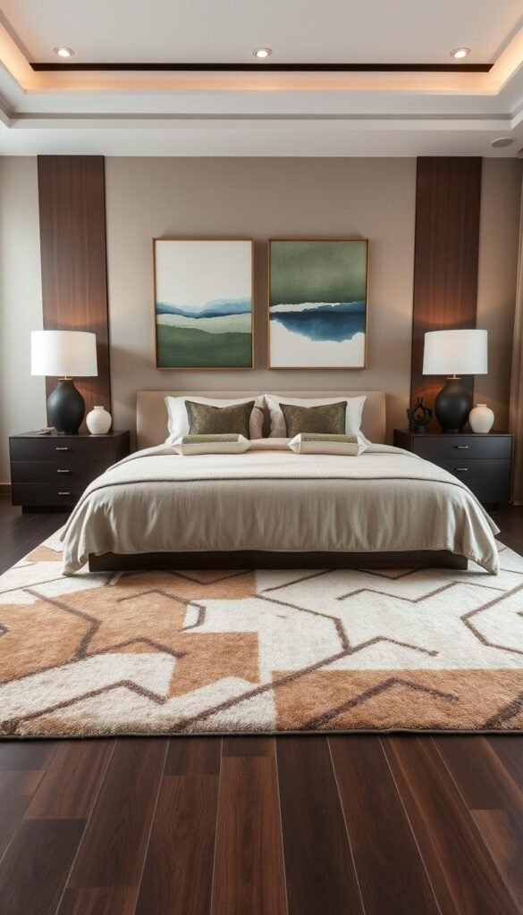 A luxurious bedroom featuring a plush, textured area rug with abstract geometric patterns in muted earth tones. Atop a rich, dark hardwood floor, the rug anchors the space and creates a cozy, intimate atmosphere. Flanking the bed, two modern abstract wall art pieces in muted greens and blues add visual interest and balance the room's neutral color palette. Decorative ceramic vases and sculptural elements in natural textures like stone and wood dot the dresser and nightstands, lending an artful, curated feel. Soft, diffused lighting from minimalist table lamps casts a warm glow, accentuating the bedroom's serene and sophisticated ambiance.