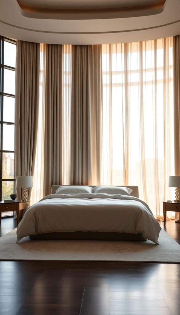 A luxurious bedroom interior with floor-to-ceiling windows, bathed in warm, natural light. In the center, a plush king-sized bed with crisp, white bedding and a matching window treatment - elegant, floor-length curtains in a flowing, sheer fabric that elegantly frames the view outside. The curtains gently billow, creating a sense of movement and sophistication. The overall palette is neutral, with soft grays and creams, accentuated by rich wood tones and metallic accents. The lighting is soft and diffused, lending a serene, calming atmosphere to the space. The composition emphasizes the harmonious integration of the bedding and window treatments, creating a cohesive, high-end design. A luxurious bedroom interior with floor-to-ceiling windows, bathed in warm, natural light. In the center, a plush king-sized bed with crisp, white bedding and a matching window treatment - elegant, floor-length curtains in a flowing, sheer fabric that elegantly frames the view outside. The curtains gently billow, creating a sense of movement and sophistication. The overall palette is neutral, with soft grays and creams, accentuated by rich wood tones and metallic accents. The lighting is soft and diffused, lending a serene, calming atmosphere to the space. The composition emphasizes the harmonious integration of the bedding and window treatments, creating a cohesive, high-end design.