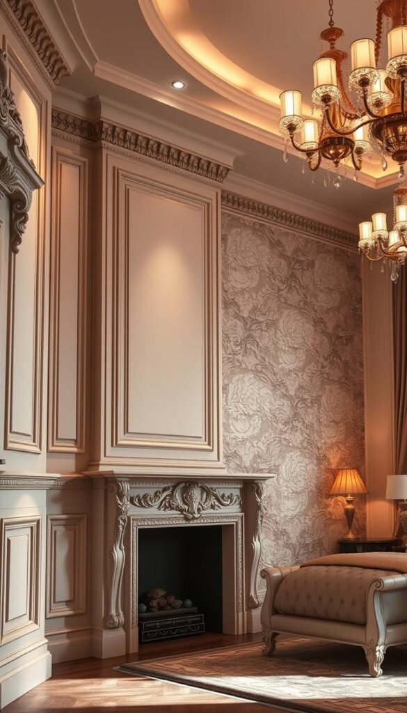 A luxurious bedroom with elegant wall treatments that exude sophistication. The foreground features ornate wainscoting, intricately carved moldings, and a stunning floor-to-ceiling fireplace mantel adorned with intricate carvings. The middle ground showcases a delicate floral wallpaper with a shimmering metallic finish, creating a sense of grandeur. In the background, high ceilings with ornate chandeliers cast a warm, ambient glow, accentuating the opulent atmosphere. The lighting is soft and dramatic, capturing the essence of a modern, high-end bedroom retreat. The overall scene evokes a sense of timeless elegance and refined luxury.