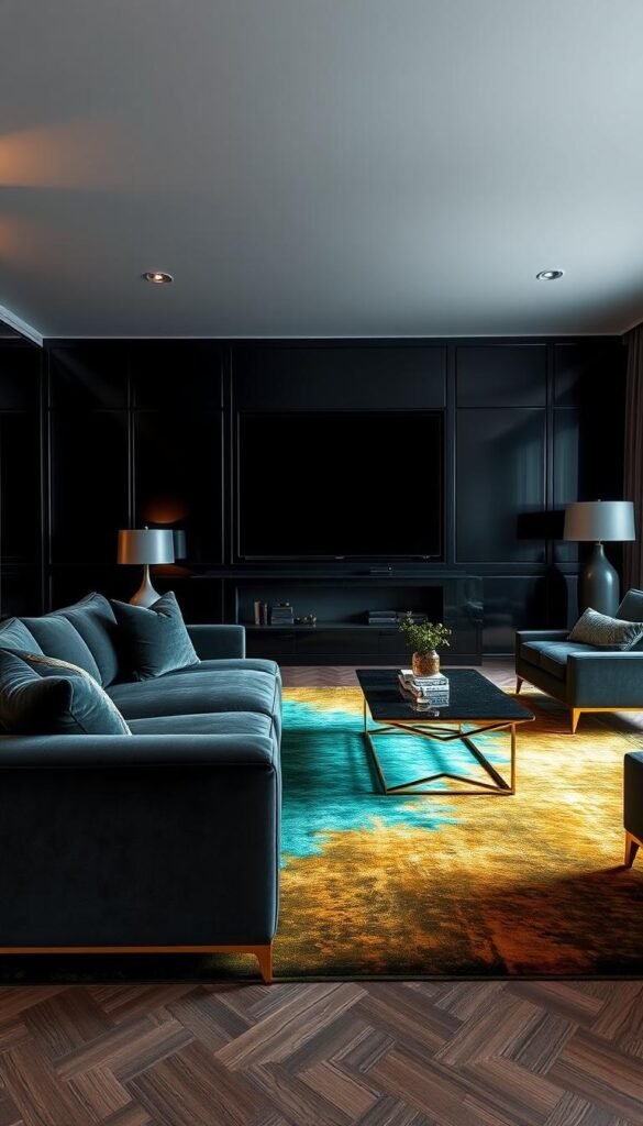 A luxurious black living room with a mesmerizing color palette. In the foreground, a plush velvet sofa in a deep charcoal hue, complemented by matching armchairs and an elegant coffee table with sleek metallic accents. The middle ground features a vibrant area rug in shades of emerald and gold, adding depth and warmth to the space. The background showcases a feature wall painted in a rich, inky black, creating a dramatic backdrop. Soft, diffused lighting casts a warm glow, illuminating the room and accentuating the interplay of colors. The overall atmosphere exudes sophistication, elegance, and a touch of moody opulence.