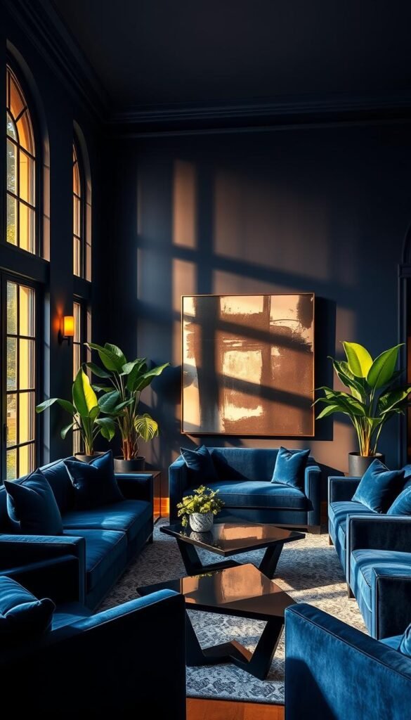 A luxurious blue and black living room, bathed in warm, golden light from large windows. Plush navy velvet sofas and armchairs create a cozy, intimate seating area. Accented by sleek black side tables and a chic, angular black coffee table. The walls are painted in a deep, moody blue, complemented by modern black sconces casting a soft, ambient glow. Lush greenery in potted plants adds a touch of nature, while a large, abstract black and white artwork anchors the space. Soft, diffused lighting and a harmonious blend of textures and tones evoke a sophisticated, contemporary atmosphere. A luxurious blue and black living room, bathed in warm, golden light from large windows. Plush navy velvet sofas and armchairs create a cozy, intimate seating area. Accented by sleek black side tables and a chic, angular black coffee table. The walls are painted in a deep, moody blue, complemented by modern black sconces casting a soft, ambient glow. Lush greenery in potted plants adds a touch of nature, while a large, abstract black and white artwork anchors the space. Soft, diffused lighting and a harmonious blend of textures and tones evoke a sophisticated, contemporary atmosphere.