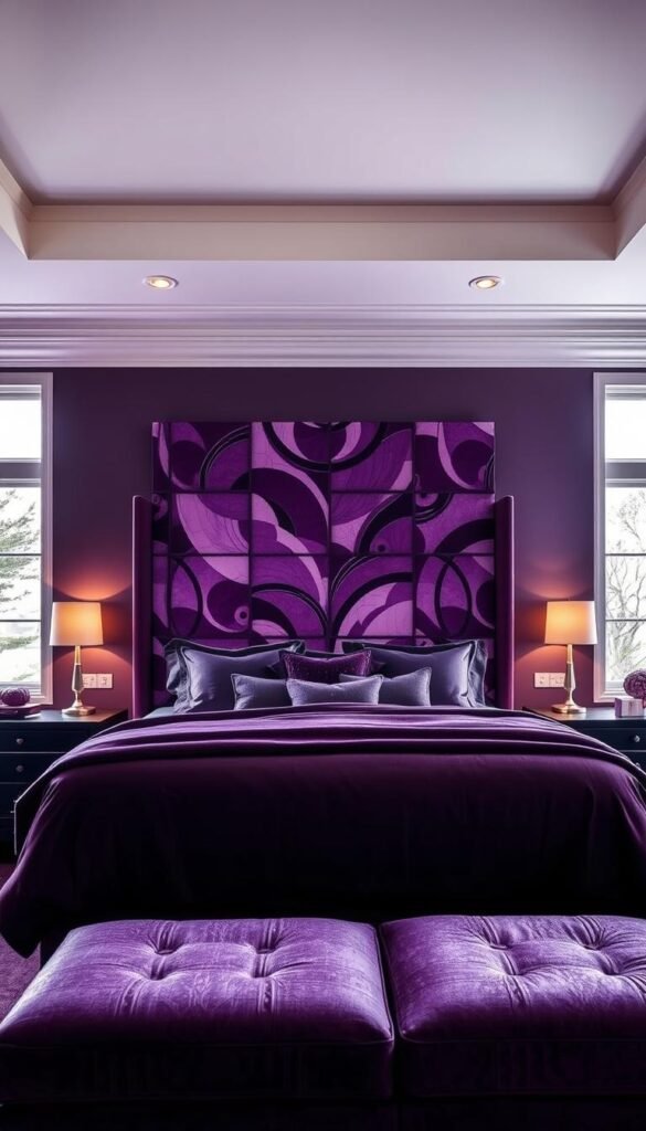 A luxurious, boldly contrasting purple bedroom with a stunning headboard as the focal point. The headboard features a dynamic abstract pattern in shades of purple, creating a captivating visual statement. Soft, diffused lighting from sconces on either side casts a warm, inviting glow, while large windows allow natural light to stream in, illuminating the space. The walls are painted in a deep, rich plum color, providing a harmonious backdrop for the headboard's striking design. Plush, high-quality textiles in various purple hues adorn the bed, adding depth and texture to the scene. The overall atmosphere is one of elegance, sophistication, and a touch of dramatic flair, perfectly capturing the essence of a "bold contrasting headboard purple bedroom."