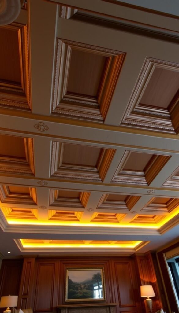 A luxurious coffered ceiling design, featuring deep, intricate recessed panels with ornate moldings and decorative accents. The warm, ambient lighting casts a soft, golden glow, accentuating the rich, wooden tones and creating a sense of timeless elegance. The geometric pattern of the coffered design is both visually striking and structurally impressive, evoking the grandeur of traditional architecture. The ceiling appears to be the focal point of a spacious, well-appointed living room, with plush furnishings and carefully curated decor elements that complement the sophisticated aesthetic. The overall atmosphere is one of refined sophistication and modern luxury. A luxurious coffered ceiling design, featuring deep, intricate recessed panels with ornate moldings and decorative accents. The warm, ambient lighting casts a soft, golden glow, accentuating the rich, wooden tones and creating a sense of timeless elegance. The geometric pattern of the coffered design is both visually striking and structurally impressive, evoking the grandeur of traditional architecture. The ceiling appears to be the focal point of a spacious, well-appointed living room, with plush furnishings and carefully curated decor elements that complement the sophisticated aesthetic. The overall atmosphere is one of refined sophistication and modern luxury.