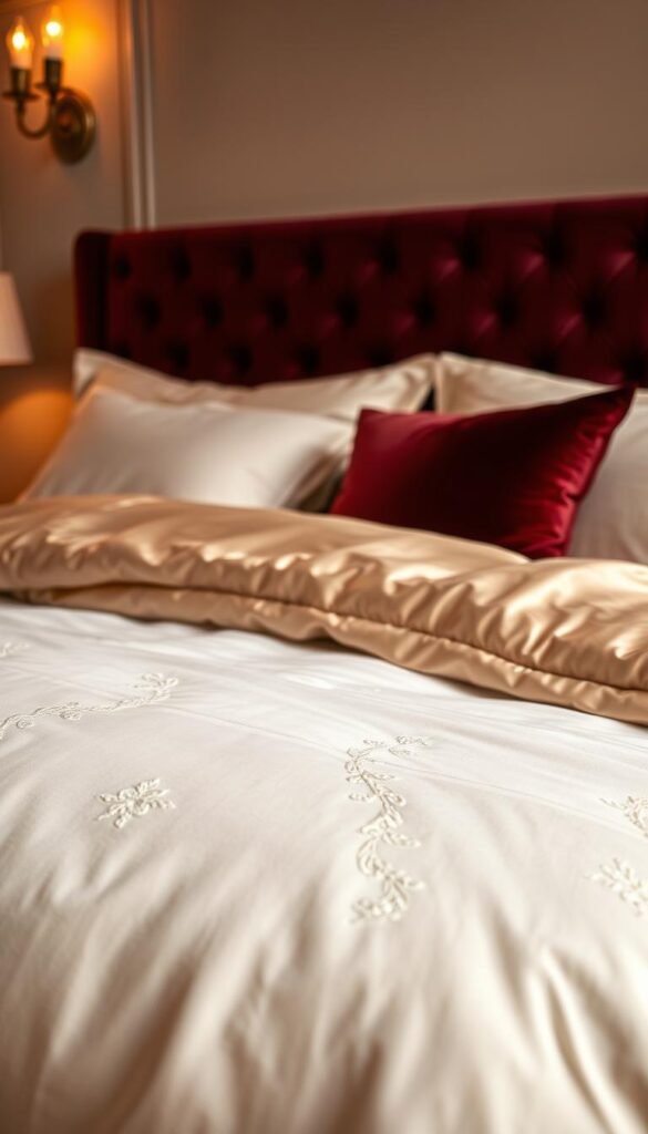 A luxurious, expertly-crafted bedding scene, capturing the epitome of high-quality sleep comfort. In the foreground, a plush, dove-white duvet cover with delicate embroidered patterns, surrounded by pillows of the softest, premium fabrics in shades of ivory and pearl. The middle ground features a thick, sumptuous comforter in a silky, champagne-hued satin, elegantly draped over the bed. In the background, a tufted, velvet headboard in a deep, rich shade of burgundy adds a touch of sophistication. Warm, indirect lighting from sconces casts a cozy, inviting glow, evoking a sense of relaxation and indulgence. The entire scene is captured with a shallow depth of field, placing the focus squarely on the exquisite, luxurious bedding materials.