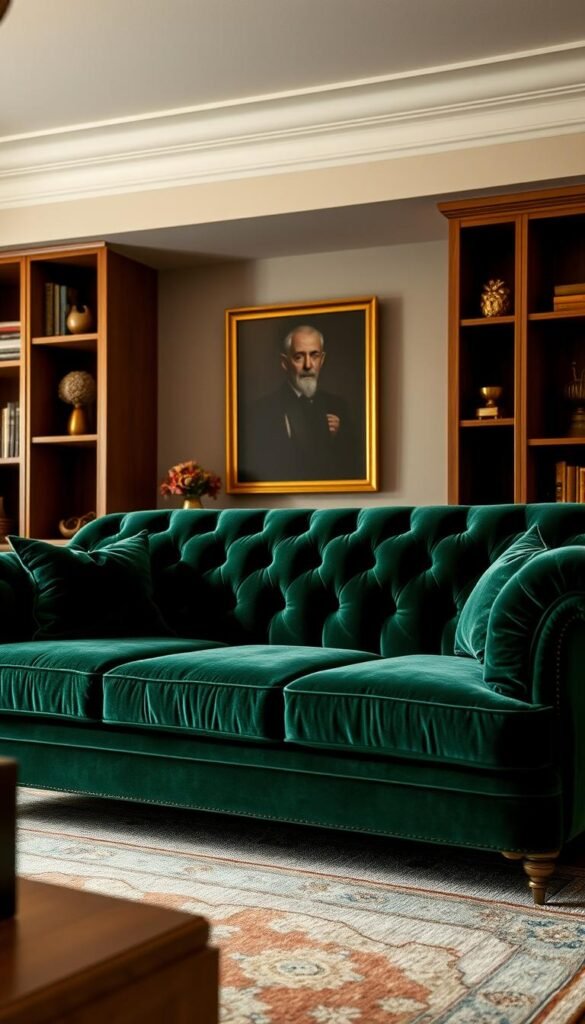 A luxurious forest green velvet sofa rests elegantly in a warm, inviting living room. The plush, sumptuous fabric catches the soft, diffused lighting, creating a cozy, intimate atmosphere. Framed by wooden bookshelves and accented with gold-toned decorative pieces, the sofa anchors the space, radiating a sense of opulence and refined sophistication. The room's neutral color palette, with hints of earthy tones, complements the deep, dramatic hue of the sofa, creating a harmonious and visually striking scene. A wide-angle lens captures the sofa's majestic presence, while the shallow depth of field draws the viewer's eye to the sofa's exquisite details and luxurious textures.