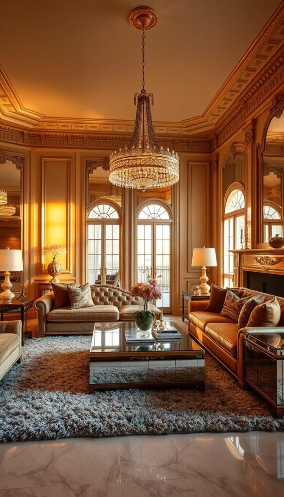 A luxurious glam living room with mirror-paneled furniture bathed in warm, golden light. A large sectional sofa with metallic accents reflects the room's opulent decor. Mirrored coffee tables and end tables create a shimmering, reflective surface, doubling the visual interest. Plush velvet throw pillows and a shaggy area rug add texture. Dramatic pendant lighting casts a soft, flattering glow. Large windows allow natural light to stream in, enhancing the room's sparkling, jewel-toned ambiance. Ornate moldings and a statement fireplace mantle complete the lavish, high-end aesthetic.