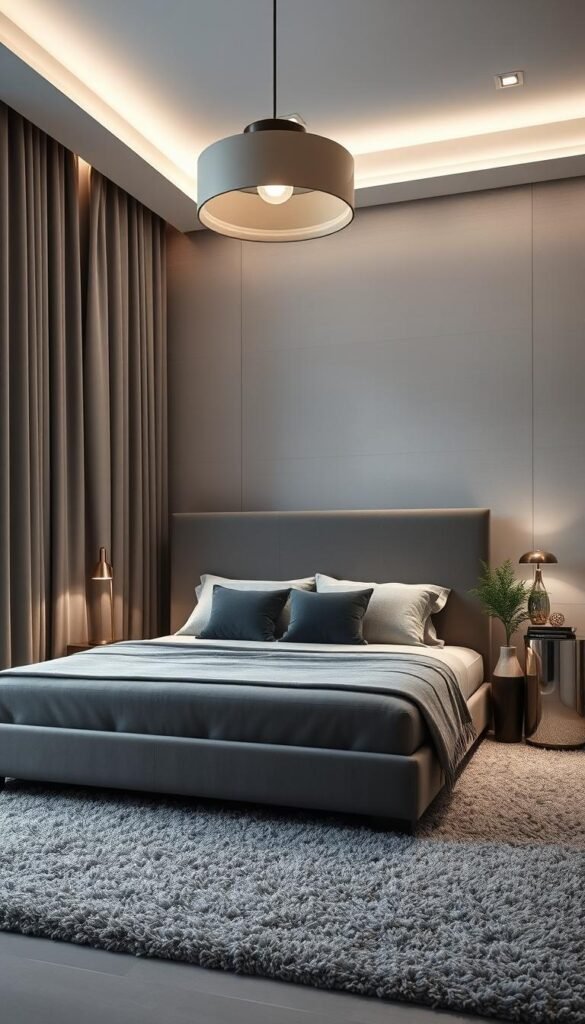 A luxurious gray bedroom with sophisticated elegance. A minimalist platform bed with a plush, oversized gray headboard dominates the foreground. Soft, muted tones of gray permeate the scene, from the velvet curtains to the shag area rug. Indirect lighting from concealed sconces and a statement pendant fixture creates a warm, inviting ambiance. Accents of metallic and natural textures, such as a chrome side table and a lush potted plant, add depth and visual interest to the middle ground. The background features a neutral, textured wall, enhancing the serene and calming atmosphere. The overall composition conveys a sense of tranquility and understated sophistication. A luxurious gray bedroom with sophisticated elegance. A minimalist platform bed with a plush, oversized gray headboard dominates the foreground. Soft, muted tones of gray permeate the scene, from the velvet curtains to the shag area rug. Indirect lighting from concealed sconces and a statement pendant fixture creates a warm, inviting ambiance. Accents of metallic and natural textures, such as a chrome side table and a lush potted plant, add depth and visual interest to the middle ground. The background features a neutral, textured wall, enhancing the serene and calming atmosphere. The overall composition conveys a sense of tranquility and understated sophistication.