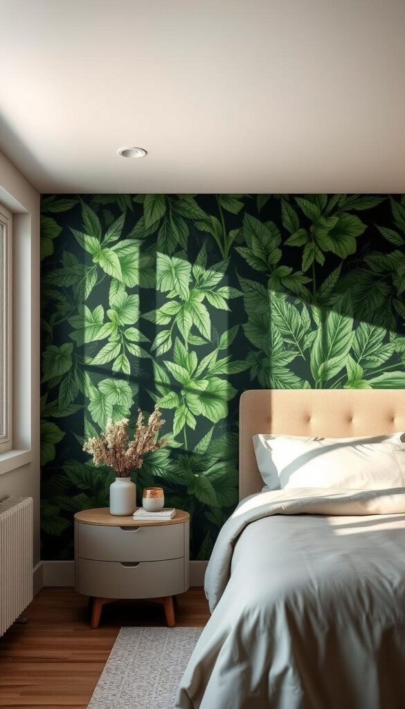A luxurious green wallpaper with a bold, botanical pattern cascades across a statement wall, commanding attention in a cozy, earthy bedroom. Lush greenery and textured leaves create a captivating focal point, radiating a sense of natural tranquility. Soft, diffused lighting from a nearby window casts gentle shadows, adding depth and dimension to the verdant scene. The wallpaper's rich, jewel-toned hues harmonize seamlessly with the warm, neutral tones of the surrounding decor, creating a cohesive and inviting atmosphere. An elegant, minimalist composition emphasizes the wallpaper's striking visual impact, making it the undisputed centerpiece of the serene, nature-inspired space.