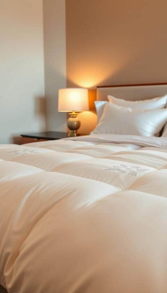 A luxurious guest bedroom set against a warm, inviting backdrop. In the foreground, a plush, cream-colored comforter with delicate embroidered details invites the viewer to sink into its soft embrace. Crisp, white sheets and fluffy pillows in a matching hue create a visually harmonious and soothing scene. The middle ground features a polished, wooden nightstand with a tasteful, minimalist lamp casting a gentle, ambient glow. In the background, a neutral-toned wall provides a serene and calming contrast, allowing the bedding to take center stage. The overall composition exudes an atmosphere of relaxation and elevated comfort, perfectly capturing the essence of a hotel-worthy guest room.