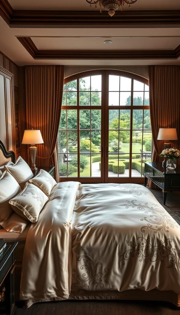 A luxurious, high-end bedroom suite with opulent bedding and linens. The centerpiece is a grand, king-size bed dressed in silky, cream-colored sheets and a plush, down-filled duvet cover. Intricate embroidered patterns adorn the bedding, exuding an air of refined sophistication. The lighting is soft and warm, creating a cozy, inviting atmosphere. In the background, a pair of floor-to-ceiling windows offer a picturesque view of a lush, landscaped garden. Elegant, polished wood furniture and accents complete the sophisticated, grown-up aesthetic.