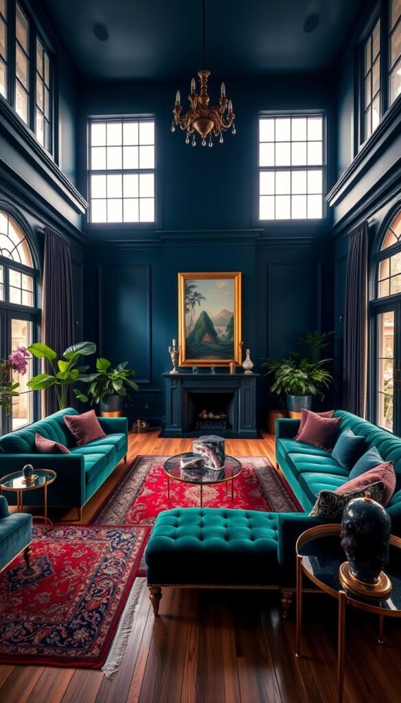 A luxurious jewel-toned living room in soft, diffuse lighting. Plush velvet sofas in deep emerald green and sapphire blue, accented by gleaming brass furnishings. Ornate Persian rugs in rich crimson and gold cover the hardwood floor. Large windows allow natural light to filter in, casting a warm, inviting glow. The walls are painted in a deep, moody indigo, creating a cocooning, opulent atmosphere. Lush potted plants and sculptural decor pieces in onyx and amethyst complete the sumptuous, immersive aesthetic. High-ceilinged room with a wide-angle camera lens, showcasing the depth and grandeur of the space.