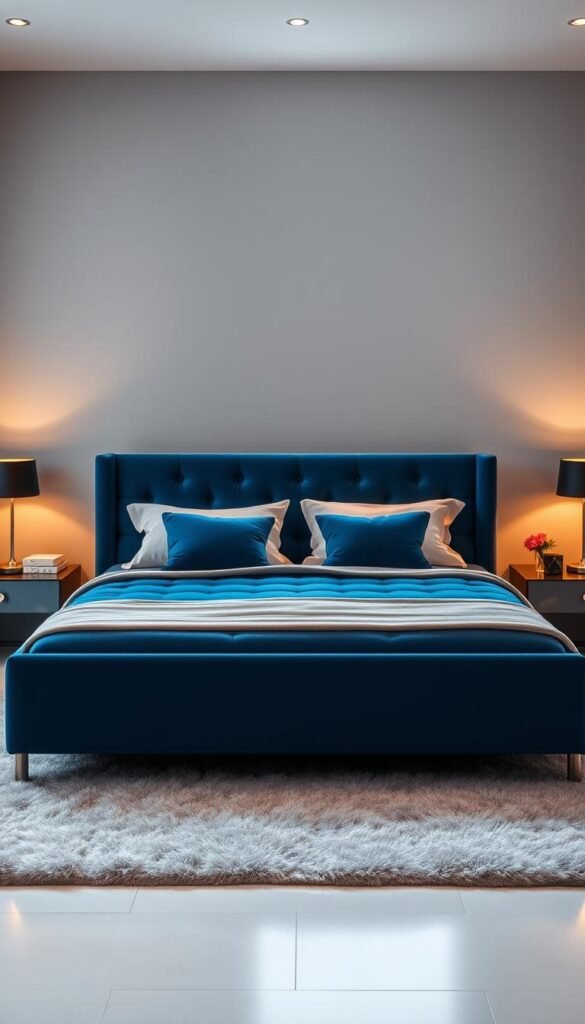 A luxurious, king-size blue velvet bed takes center stage in a chic, minimalist bedroom. Warm, soft lighting casts a serene glow, highlighting the plush bedding and button-tufted headboard. The bed is framed by sleek, modern nightstands and a large window that floods the space with natural light. Subtle textures, such as a fluffy rug and velvet throw pillows, add depth and visual interest. The overall atmosphere is one of sophisticated comfort, inviting the viewer to sink into the enveloping, calming embrace of the bold, statement-making blue bed.