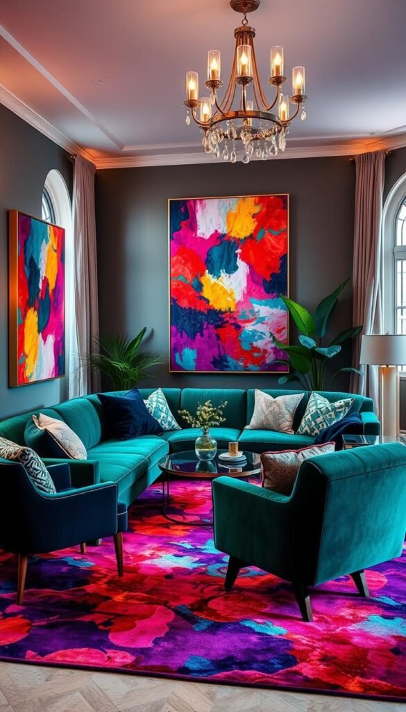 A luxurious living room bathed in a harmonious symphony of vibrant hues. Plush velvet sofas in jewel-toned emerald and sapphire hues anchor the cozy space, complemented by a sumptuous area rug in a kaleidoscope of complementary colors. Vibrant artwork in abstract expressionist style adorns the walls, casting the room in a captivating, color-saturated ambiance. Soft, diffused lighting from a contemporary chandelier illuminates the space, creating a warm, inviting atmosphere. Elegant midcentury-inspired furniture pieces, including a sleek coffee table and a pair of sculptural armchairs, add a touch of sophistication, while lush potted plants and textural throw pillows complete the cohesive, refined aesthetic.