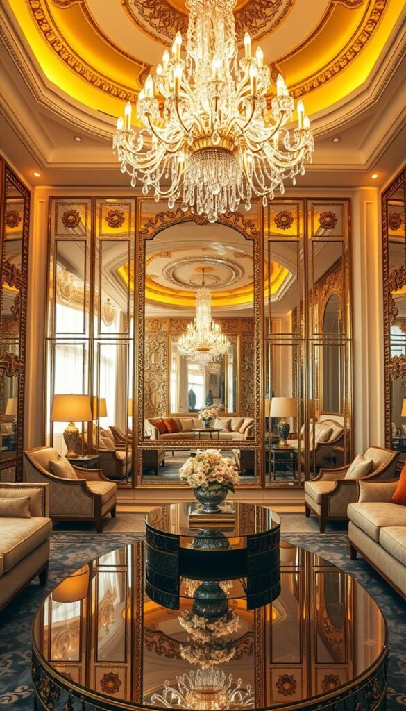 A luxurious living room bathed in warm, golden light, with a stunning array of mirrors and reflective surfaces creating an enchanting, kaleidoscopic effect. In the foreground, a large, ornate floor-to-ceiling mirror reflects the room's opulent furnishings, casting a captivating visual echo. Strategically placed mirrored panels on the walls amplify the sense of depth and space, while a mirrored coffee table at the center of the room further multiplies the reflections. Overhead, a sparkling chandelier with crystalline prisms casts a dazzling, shimmering glow, illuminating the room's elegant gold accents and rich, textured fabrics. The atmosphere is one of refined sophistication and mesmerizing visual harmony.