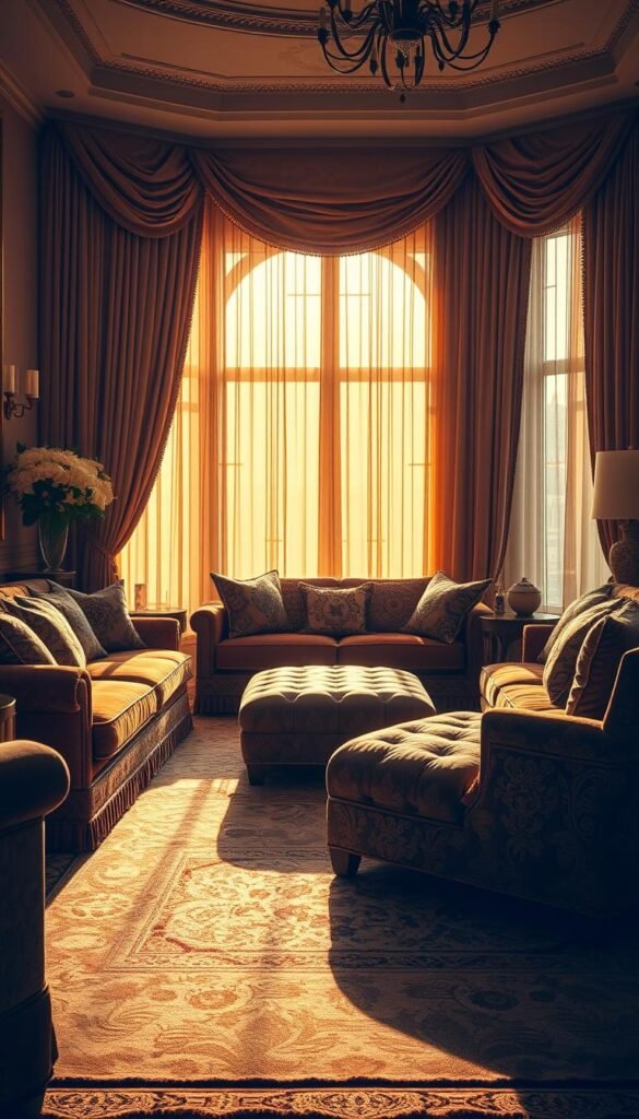A luxurious living room bathed in warm, golden light. In the foreground, rich, plush textiles in velvet and silk adorn the furniture, creating a sumptuous, inviting atmosphere. Intricate patterns and textures add depth, while soft, flowing draperies frame the windows, diffusing the light. In the middle ground, ornate, hand-embroidered throw pillows and a deep, tufted ottoman invite visitors to sink in and relax. The background features a stunning, oversized area rug with a bold, metallic geometric design, anchoring the space. Subtle lighting fixtures cast a gentle, ambient glow, highlighting the opulent, yet cozy ambiance.