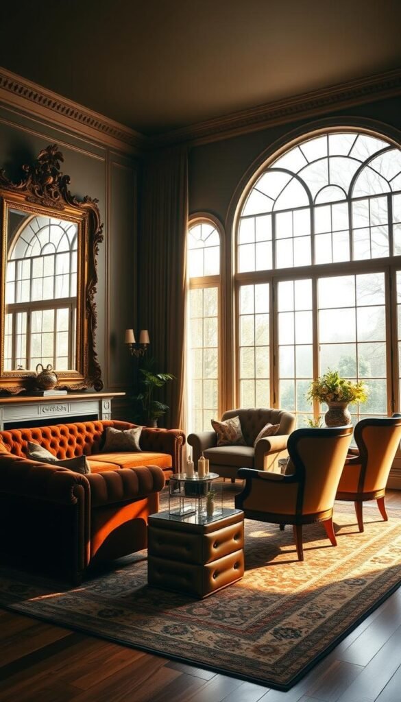 A luxurious living room in a timeless design, filled with elegant furnishings and warm lighting. The room features a plush, tufted sofa in a rich, jewel-toned velvet, complemented by a pair of ornate, high-backed chairs. A large, antique-style mirror hangs on the wall, casting a soft, golden glow across the space. The hardwood floors are adorned with a Persian-style rug, adding depth and texture. Large, arched windows allow natural light to pour in, creating a serene and inviting atmosphere. The overall aesthetic blends classic and contemporary elements, showcasing a timeless design that exudes sophistication and comfort.