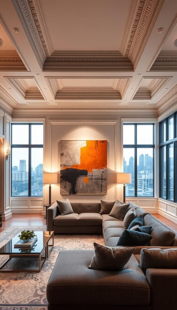 A luxurious living room interior blending traditional molding with contemporary decor. In the foreground, intricate crown molding adorns the ceiling, complementing the sleek, modern furniture - a plush grey sectional sofa and a minimalist coffee table. The middle ground features a large abstract painting on the wall, its bold colors and brushstrokes contrasting with the ornate molding. Soft, warm lighting from floor lamps casts a cozy glow, while large windows in the background offer a glimpse of a picturesque urban skyline. The overall atmosphere is one of refined elegance, where historic architectural details seamlessly integrate with stylish, forward-thinking design.