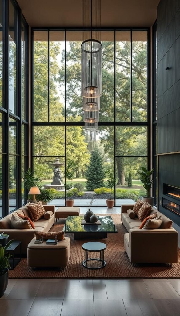 A luxurious living room seamlessly blending indoor and outdoor elements. Tall, floor-to-ceiling windows frame a verdant garden vista, casting a warm, natural glow throughout the space. Plush, earthy-toned sofas and chairs are arranged in an inviting conversation area, complemented by a sleek, minimalist coffee table. Overhead, a cascading pendant light fixture creates a soft, ambient illumination. Lush, potted plants and a woven area rug add organic textures, while a modern fireplace and built-in shelving units provide cozy, refined touches. The overall aesthetic is one of sophisticated elegance, effortlessly merging the boundaries between interior and exterior.