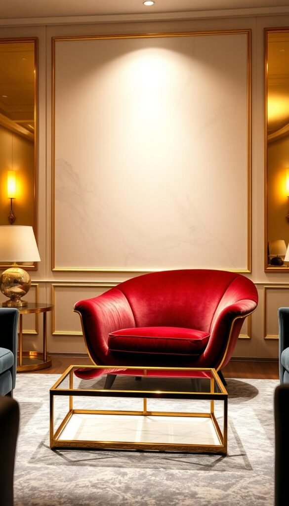 A luxurious living room with a striking statement furniture piece, its bold silhouette accentuated by warm, golden accents. The centerpiece, a sculptural armchair with smooth, curvaceous lines, stands as the room's focal point, its metallic details reflecting the soft, ambient lighting. Plush velvet upholstery in a rich, jewel-toned hue adds depth and texture, while a sleek, angular coffee table with a gilded frame complements the chair's modern aesthetic. The overall scene exudes an air of refined elegance, creating a harmonious blend of classic and contemporary design elements.