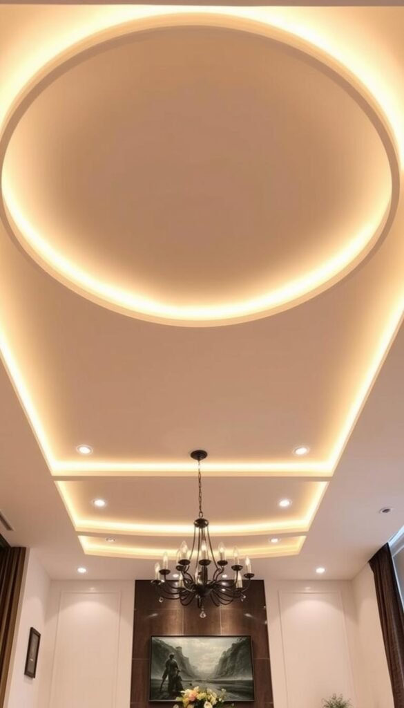 A luxurious living room with a stunning ceiling design that seamlessly integrates ambient lighting. The focal point is a contemporary, low-profile recessed lighting system that casts a warm, diffused glow across the entire space. Sleek LED strip lights are elegantly recessed into the perimeter of the ceiling, creating a subtle, halo-like effect that enhances the architectural details. Carefully placed downlights accentuate key features, such as artwork or a statement chandelier. The lighting is precisely angled to avoid glare, maintaining a comfortable, inviting ambiance. The overall effect is a harmonious blend of form and function, elevating the room's aesthetic while ensuring optimal illumination for relaxation and entertainment. A luxurious living room with a stunning ceiling design that seamlessly integrates ambient lighting. The focal point is a contemporary, low-profile recessed lighting system that casts a warm, diffused glow across the entire space. Sleek LED strip lights are elegantly recessed into the perimeter of the ceiling, creating a subtle, halo-like effect that enhances the architectural details. Carefully placed downlights accentuate key features, such as artwork or a statement chandelier. The lighting is precisely angled to avoid glare, maintaining a comfortable, inviting ambiance. The overall effect is a harmonious blend of form and function, elevating the room's aesthetic while ensuring optimal illumination for relaxation and entertainment.