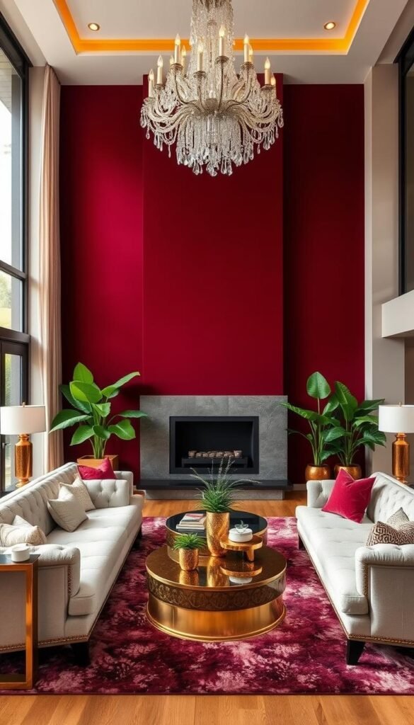 A luxurious living room with a stunning focal point wall in a rich, velvety burgundy hue. Plush, tufted furniture in neutral tones complements the elegant space. Warm, diffused lighting casts a cozy glow, while large windows let in natural light, creating a harmonious balance. The room is adorned with metallic accents, such as gleaming gold end tables and a grand, crystal chandelier overhead. Lush, verdant plants and soft, textured rugs add depth and visual interest. The overall atmosphere exudes a sense of timeless sophistication and modern luxury.