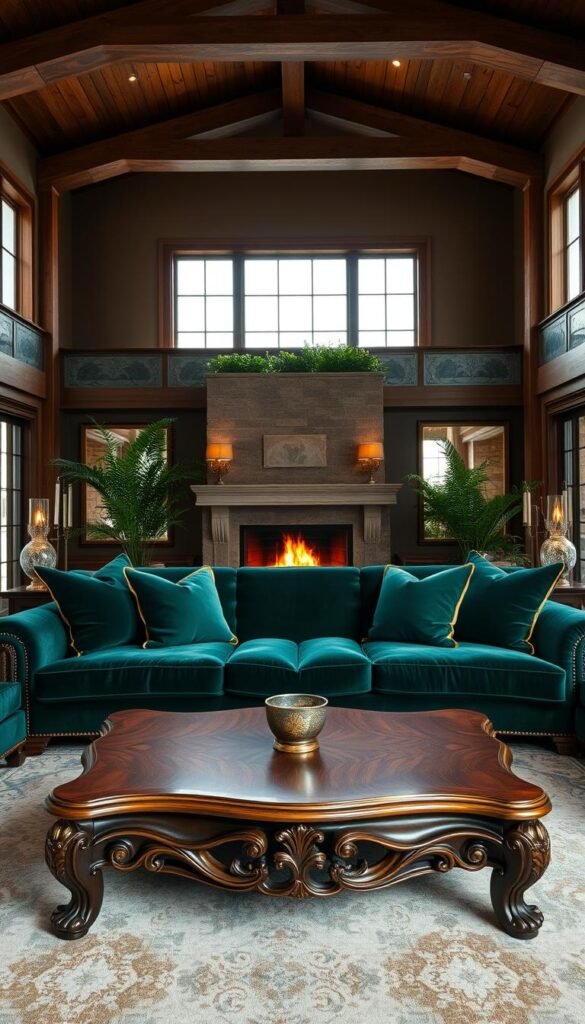A luxurious living room with a sumptuous velvet sofa in a deep emerald hue, accented by plush gold-trimmed throw pillows. In the middle ground, a low-slung solid walnut coffee table with intricate carved details reflects the warm glow of a crackling fireplace. Lush potted plants and a pair of elegant glass table lamps flank the scene, casting a soft, intimate ambiance. The background features high ceilings with exposed wooden beams and large windows that fill the space with natural light, blending rustic and refined elements for a sense of tranquil sophistication.