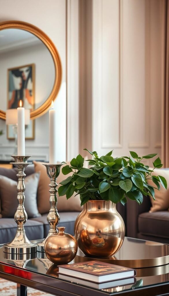 A luxurious living room with a warm, inviting ambiance. Showcase a tasteful arrangement of metallic accent pieces, including a gleaming gold-framed mirror, sleek chrome candlesticks, and a shimmering brass vase filled with lush greenery. Capture the interplay of light and shadow, with soft, diffused illumination highlighting the metallic surfaces and creating a sense of depth and dimension. Arrange the decor elements in a visually harmonious composition, balancing form, texture, and color to convey an elegant, high-end aesthetic. Emphasize the sophisticated, modern-yet-timeless appeal of this elegant living space.