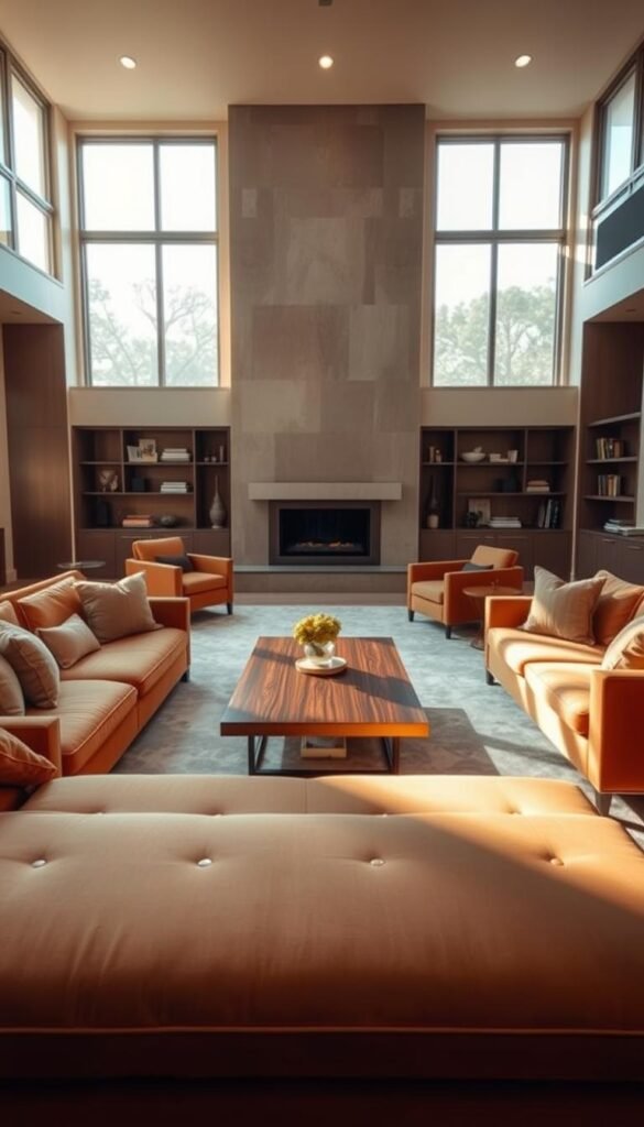 A luxurious living room with a warm, inviting ambiance. The space is bathed in soft, natural lighting that filters in through large windows, casting a golden glow across the room. In the foreground, a plush, oversized sectional sofa in a rich, earthy tone invites guests to sink in and relax. Decorative throw pillows in complementary hues add depth and texture. In the middle ground, a low, sleek coffee table made of polished wood and metal stands as a centerpiece, surrounded by comfortable armchairs. The background features a statement fireplace with a minimalist mantel, flanked by built-in shelves displaying curated decor pieces. The overall atmosphere is one of sophisticated elegance and personalized comfort, reflecting the modern luxury living room trends of 2025.