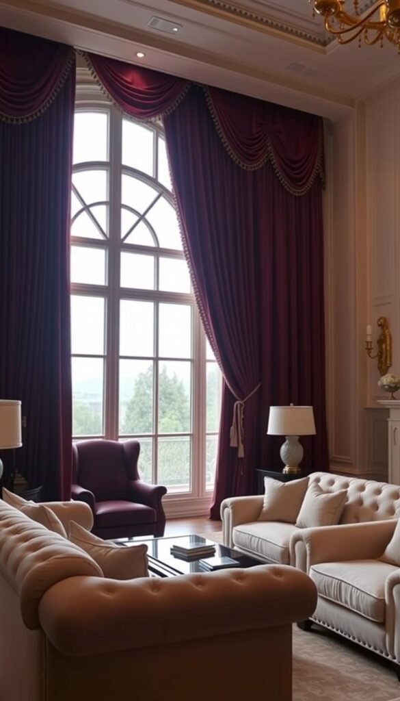 A luxurious living room with ornate, floor-to-ceiling window treatments. Elegant velvet curtains in a rich burgundy hue cascade elegantly, framing the view beyond. The curtain hardware is a gleaming, brushed gold finish. Soft lighting from concealed sources bathes the space in a warm, inviting glow. Plush, tufted sofas and armchairs in a complementary palette of creams and neutrals create a cozy, sophisticated seating area. The overall mood is one of refined, timeless elegance.