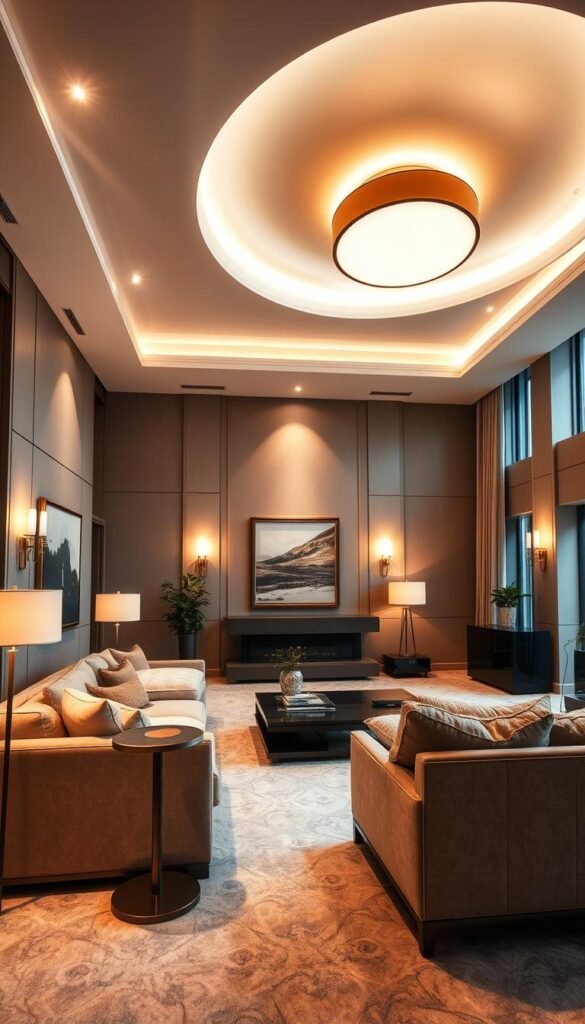 A luxurious living room with strategic lighting placement for maximum impact. A central overhead light fixture casts a warm, ambient glow across the space, while recessed downlights accentuate key architectural features and artwork. Floor lamps and sconces provide soft, directional lighting, creating a cozy, intimate atmosphere. Tall windows allow natural light to filter in, casting dynamic shadows and highlights throughout the room. Sleek, modern furniture and plush, textured fabrics complement the carefully curated lighting design, resulting in a harmonious and inviting living environment.