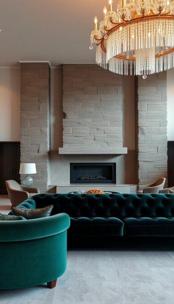 A luxurious living room with striking statement pieces and rich textures. In the foreground, a plush velvet sofa in a deep emerald hue takes center stage, its sumptuous folds and tufted detailing evoking an air of sophisticated elegance. Flanking the sofa, a pair of sculptural armchairs in a muted metallic tone add visual interest and tactile contrast. On the far wall, a towering stone fireplace mantel serves as a dramatic focal point, its rugged texture juxtaposed with the smooth, polished marble hearth below. Overhead, a magnificent crystal chandelier casts a warm, ambient glow, illuminating the space and accentuating the play of light and shadow. The room is bathed in a soft, diffused light, creating a serene and inviting atmosphere that perfectly encapsulates the essence of modern luxury living.