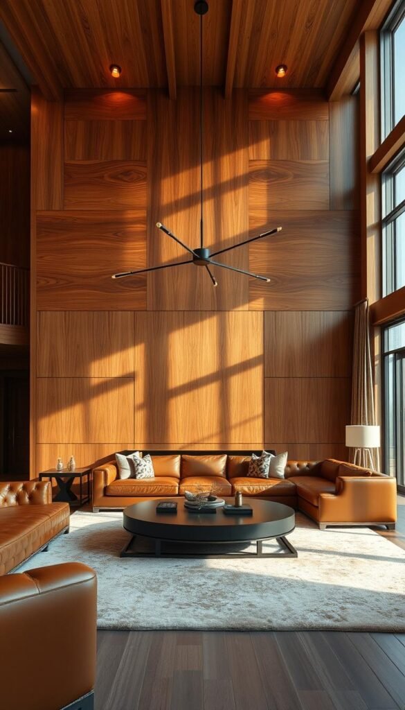A luxurious living space with a warm, inviting ambiance. The focal point is a stunning wooden feature wall, its rich grains and intricate patterns casting a soft, golden glow under the gentle, overhead lighting. Plush, leather seating and a cozy, oversized rug anchor the space, complementing the natural wood tones. Sleek, metal accents and contemporary light fixtures add a touch of modern elegance, while large windows allow natural light to flood the room, creating a sense of openness and tranquility. The overall atmosphere is one of sophisticated, yet comfortable, luxury, perfectly showcasing how wood can elevate a living space to new heights of sophistication.