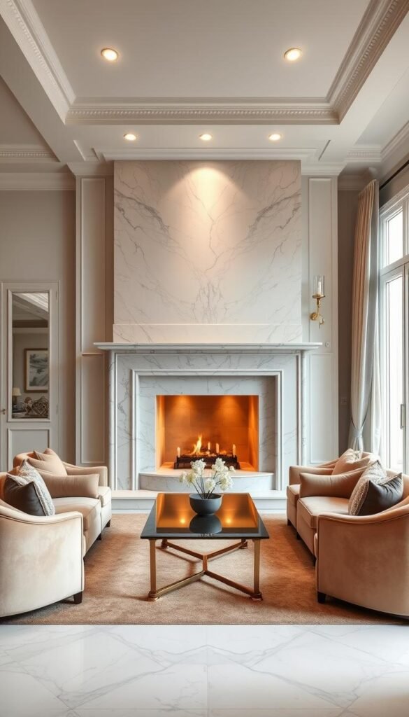A luxurious marble fireplace mantel and hearth take center stage in this refined French-inspired living room. The smooth, veined marble surface reflects the warm overhead lighting, creating a captivating focal point. Plush velvet armchairs and a contemporary glass-top coffee table surround the fireplace, while floor-to-ceiling windows bathe the space in natural light. Soft neutral hues and elegant draperies complement the Parisian-chic aesthetic, transporting the viewer to a Haussmann-era Parisian apartment. The image is captured with a wide-angle lens, highlighting the room's harmonious proportions and architectural details.