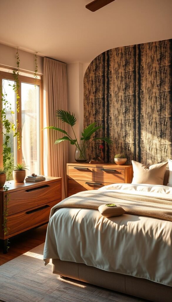 A luxurious master bedroom, filled with natural elements that seamlessly blend with the modern, high-end decor. In the foreground, a large, plush bed is adorned with soft, earthy-toned linens and a cozy throw blanket. Cascading vines and lush potted plants spill over the nightstands, adding a touch of verdant vitality. The middle ground showcases a beautifully crafted wooden dresser, its surface adorned with a striking arrangement of river stones, driftwood, and a single, vibrantly blooming flower. Sunlight filters in through large windows, casting a warm, golden glow throughout the space. In the background, a feature wall is covered in a wallpaper pattern that mimics the organic textures of tree bark, creating a serene, nature-inspired ambiance. This harmonious blend of natural elements and modern luxury elevates the master suite, transforming it into a tranquil oasis.
