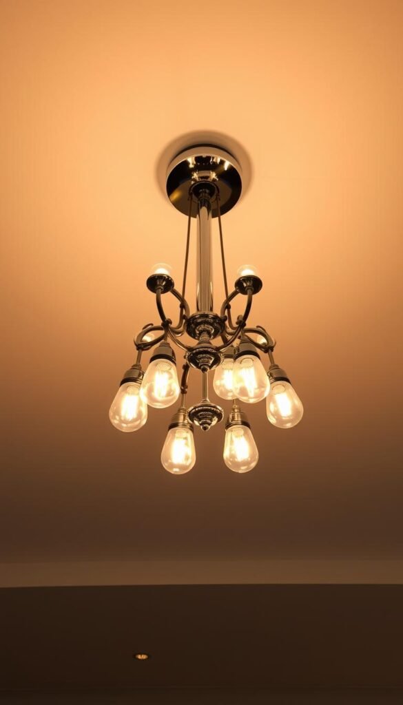 A luxurious modern ceiling light fixture, its sleek chrome frame elegantly suspended from the high ceiling, radiating a warm, ambient glow that casts a soft, flattering light over the elegant, minimalist space below. Ornate chandelier-style bulbs hang in a symmetrical cluster, their glass shades reflecting the light to create a mesmerizing, magical ambiance. The lighting is the centerpiece, drawing the eye upwards to the architectural details of the room, elevating the space with a sense of refined sophistication.