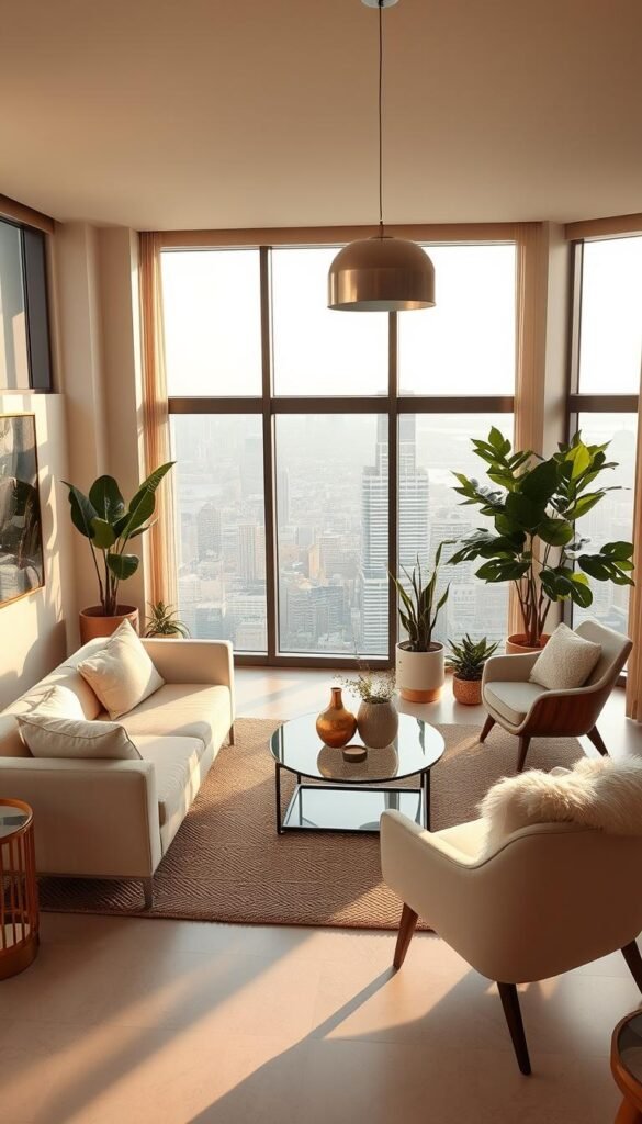 A luxurious modern chic living room bathed in warm, natural lighting. Sleek, minimalist furnishings in neutral tones - a plush cream sofa, mid-century modern armchair, and a low, glass-topped coffee table. Pops of greenery from potted plants and a textured woven rug anchor the space. Floor-to-ceiling windows offer panoramic city views, while a single, metallic pendant light casts a soft glow. Carefully curated accessories like metallic vases, abstract artwork, and a fluffy throw pillow add refined elegance. The overall atmosphere is one of understated sophistication and contemporary style.