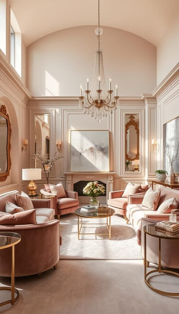 A luxurious, modern glam color palette with a harmonious blend of neutral tones. A sunlit, high-ceilinged room with soft beige walls and plush velvet furnishings in muted shades of blush, dusty rose, and opaline grey. Accented by polished brass fixtures, mirrored surfaces, and abstract artwork in muted metallic hues. Warm, diffused lighting from a statement chandelier creates a cozy yet sophisticated ambiance. The overall aesthetic is one of refined elegance and timeless glamour.