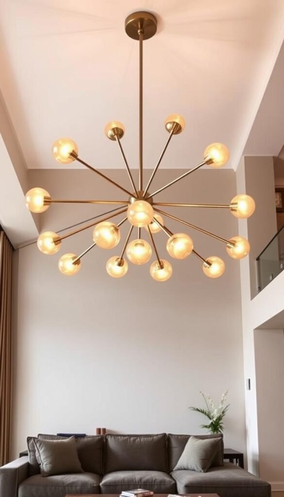 A luxurious modern living room with a striking statement ceiling lighting fixture. The chandelier is composed of sleek, minimalist metal arms arranged in an asymmetrical, geometric pattern, supporting a cluster of warm, glowing glass globes that cast a soft, ambient light across the space. The fixture is positioned centrally over a plush, sectional couch, illuminating the seating area and drawing the eye upwards to the architectural detail of the high ceilings. The lighting creates a cozy, elevated atmosphere, complementing the neutral color palette and natural textures of the room's decor.