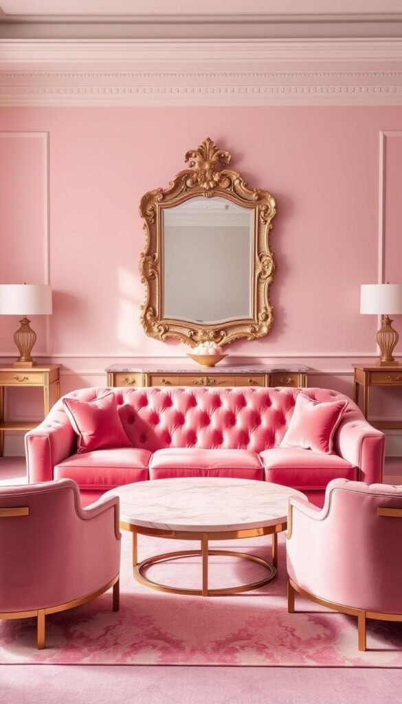 A luxurious pink velvet sofa takes center stage, its plush cushions and graceful curves commanding attention. Flanking it are a pair of elegant pink armchairs, their streamlined silhouettes and gleaming metal accents adding a touch of modern sophistication. In the background, a stunning pink marble coffee table reflects the warm lighting, while a large, ornate mirror on the wall amplifies the sense of grandeur. The scene is bathed in a soft, warm glow, creating a cozy and inviting atmosphere. The overall composition exudes a sense of refined elegance, perfectly capturing the essence of "Pink Bedroom Decor: Sweet but Sophisticated."