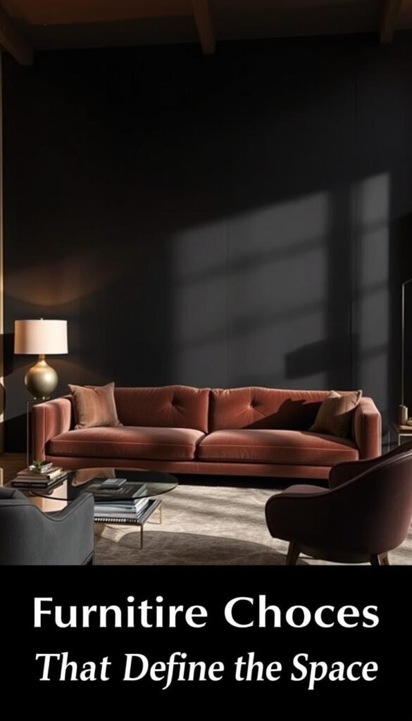 A luxurious signature sofa anchors the moody, modern living room, its sleek lines and rich upholstery commanding attention. Complementary accent furniture, such as a curvaceous armchair and a minimal glass-topped coffee table, create a harmonious arrangement. Dramatic lighting casts warm, dramatic shadows, heightening the sense of elegance. The overall scene exudes a sophisticated, yet inviting ambiance, perfectly suited for the "Furniture Choices That Define the Space" section of the article.