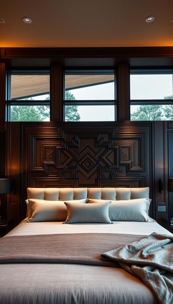 A luxurious statement headboard design in a modern, high-end master bedroom. The headboard dominates the foreground, crafted from rich, dark wood with intricate carved details and a sleek, geometric pattern. Plush upholstery in a neutral palette adds a touch of softness, creating a focal point that commands attention. Warm, indirect lighting casts a cozy glow, while large windows in the background frame a serene, natural landscape. The overall atmosphere exudes an air of sophisticated elegance, perfectly complementing the luxurious decor of the modern master suite.