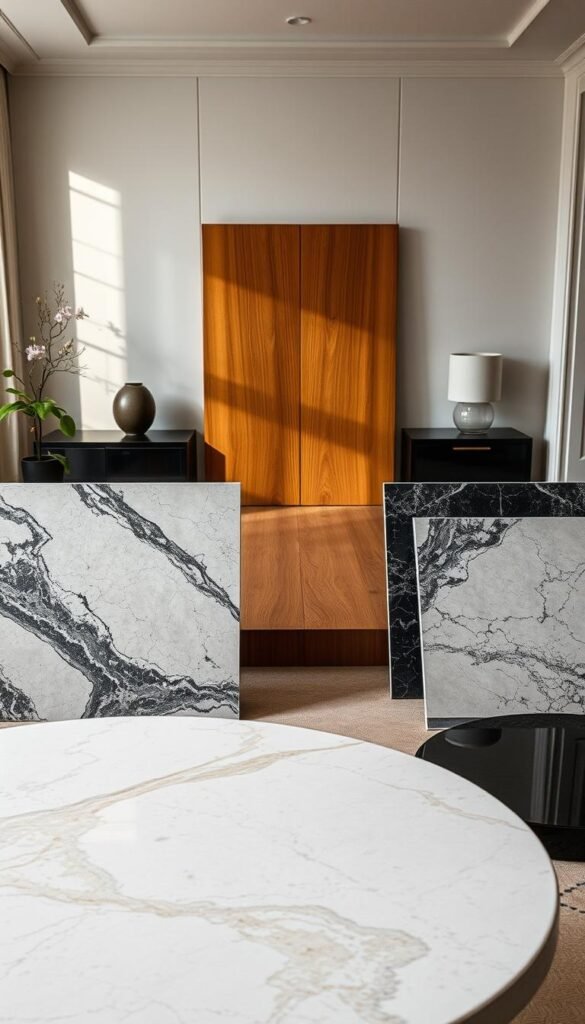 A luxurious still life showcasing premium materials for elegant center tables. In the foreground, polished slabs of premium marble, granite, and quartz in varying hues and veining patterns are elegantly arranged. In the middle ground, warm, richly grained wooden planks and glossy lacquered surfaces catch the soft, directional lighting, creating a sense of depth and materiality. In the background, a refined setting with neutral walls and minimal decor allows the premium materials to take center stage, evoking a sense of refined sophistication and timeless luxury. Captured with a medium-format lens at a shallow depth of field to accentuate the tactile qualities of the materials.