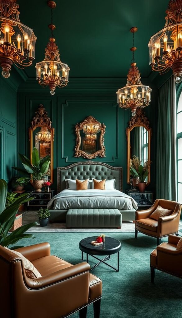 A luxurious, well-appointed emerald green bedroom design. The room features a large, plush bed with a tufted headboard and high-quality linens. Elegant glass chandeliers cast a warm, ambient glow throughout the space. Lush potted plants and artful floral arrangements add pops of life and texture. The walls are adorned with ornate, gilded mirrors that reflect the light, creating a sense of depth and grandeur. Soft, flowing curtains frame tall windows, allowing natural light to filter in. Supple leather chairs and a chaise lounge create an intimate conversation area. The overall aesthetic is one of refined sophistication and relaxation, evoking a sense of serene, high-end tranquility.