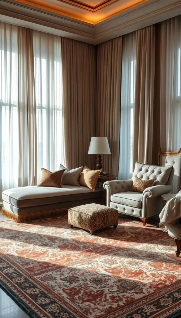 A luxuriously appointed bedroom interior, bathed in soft, warm lighting. The focal point is a plush, textured area rug in an ornate, intricate pattern, anchoring the space. Layered upon it are a sumptuous velvet chaise lounge and an oversized, tufted linen armchair, their rich fabrics and colors creating visual depth and tactile allure. Sheer, diaphanous curtains frame floor-to-ceiling windows, billowing gently in a gentle breeze. Meticulously placed throw pillows in a variety of luxe materials, such as silk, cashmere, and brocade, add layers of texture and visual interest. The overall mood is one of refined elegance, comfort, and timeless sophistication.