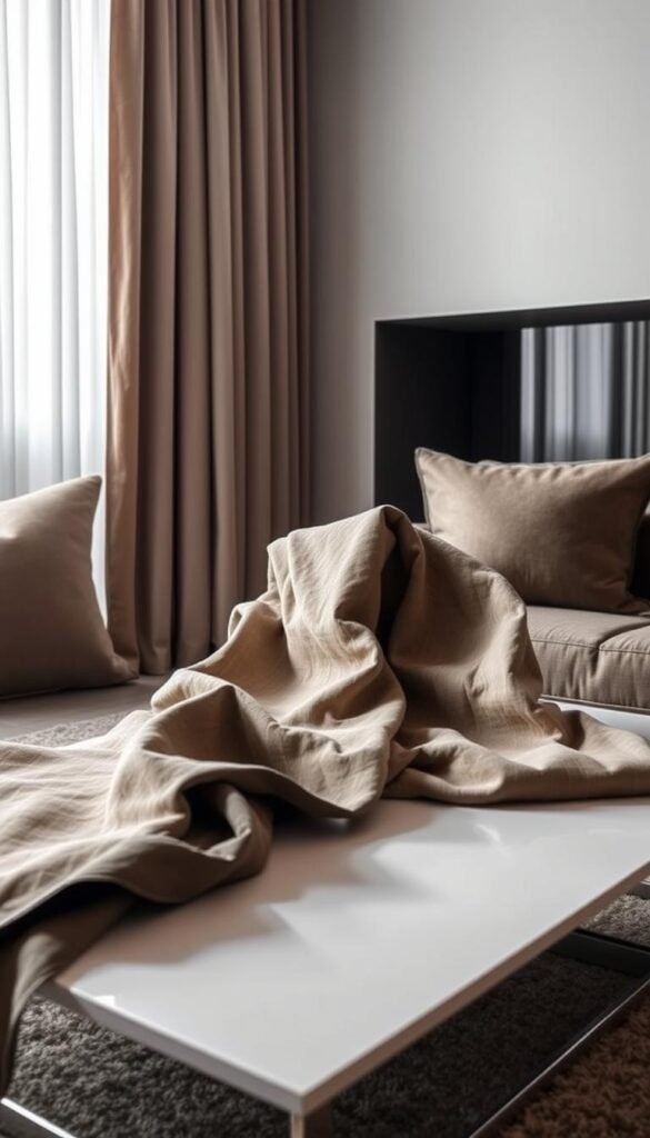 A luxuriously lit living room scene, with a well-curated selection of high-end curtain fabrics and textures artfully displayed on a sleek, modern table. The curtains are arranged in a visually compelling manner, allowing the viewer to imagine how they might integrate into a sophisticated, minimalist interior design. Soft, directional lighting accentuates the depth and texture of the fabrics, inviting the viewer to reach out and feel the luxurious materials. The scene conveys a sense of refined, elegant simplicity, capturing the essence of the "Modern Luxury Curtain Ideas for High-End Living Rooms" concept. A luxuriously lit living room scene, with a well-curated selection of high-end curtain fabrics and textures artfully displayed on a sleek, modern table. The curtains are arranged in a visually compelling manner, allowing the viewer to imagine how they might integrate into a sophisticated, minimalist interior design. Soft, directional lighting accentuates the depth and texture of the fabrics, inviting the viewer to reach out and feel the luxurious materials. The scene conveys a sense of refined, elegant simplicity, capturing the essence of the "Modern Luxury Curtain Ideas for High-End Living Rooms" concept.