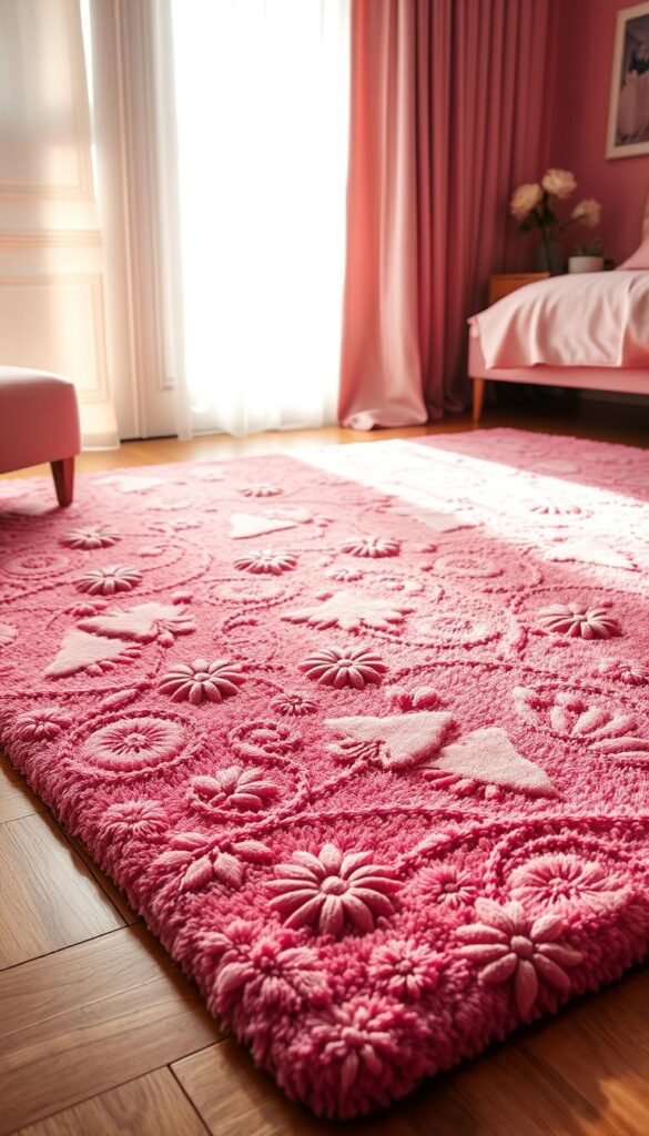 A luxuriously plush and textured pink bedroom rug with a sophisticated floral design, bathed in warm, soft lighting. The rug's intricate petals and vines create a captivating pattern that grounds the pink palette of the space, adding depth and grounding the overall aesthetic. Captured from a low angle, emphasizing the rug's sumptuous tactile quality and how it seamlessly integrates with the surrounding hardwood flooring. The lighting casts gentle shadows, enhancing the depth and dimension of the design. An elegant, feminine, and harmonious centerpiece that ties the entire pink-themed bedroom together.