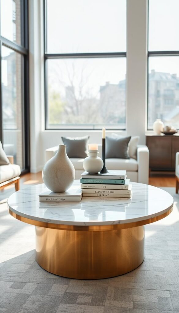 A luxuriously styled center table takes center stage in a bright, airy living room. The table features a sleek, polished marble top, complemented by a brushed gold metal base that exudes sophistication. Atop the table, a carefully curated arrangement of design-forward accessories, such as a sculptural vase, a stack of artfully displayed books, and a single, elegantly placed candle, create a visually striking vignette. Soft, diffused lighting from large windows bathes the scene in a warm, natural glow, highlighting the interplay of textures and the refined elegance of the space. The overall composition emanates a sense of understated luxury, inviting the viewer to imagine themselves relaxing in this serene and stylish living environment.